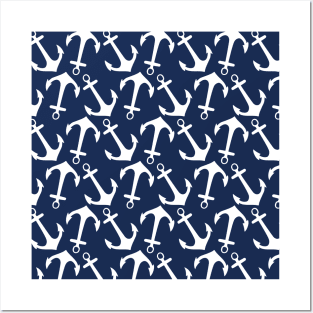 Navy Blue Nautical Anchor Pattern Posters and Art